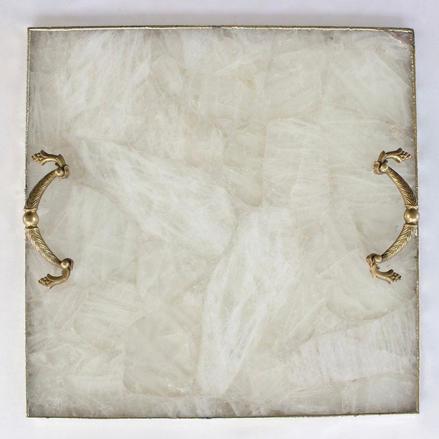 White Agate Serving Tray With Brass Handles | Square