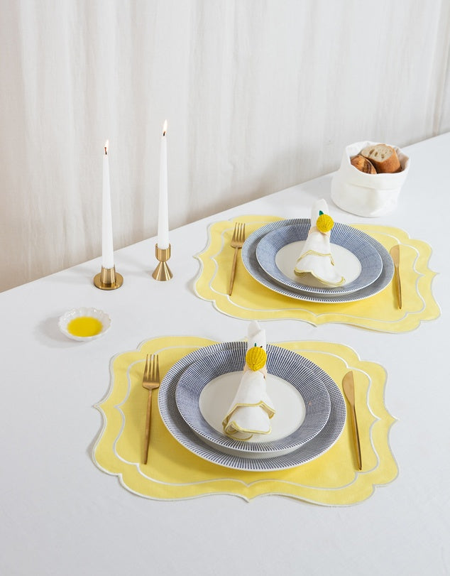 Linen Table Placemat and Napkins Set with Embroidered Scalloped Edges