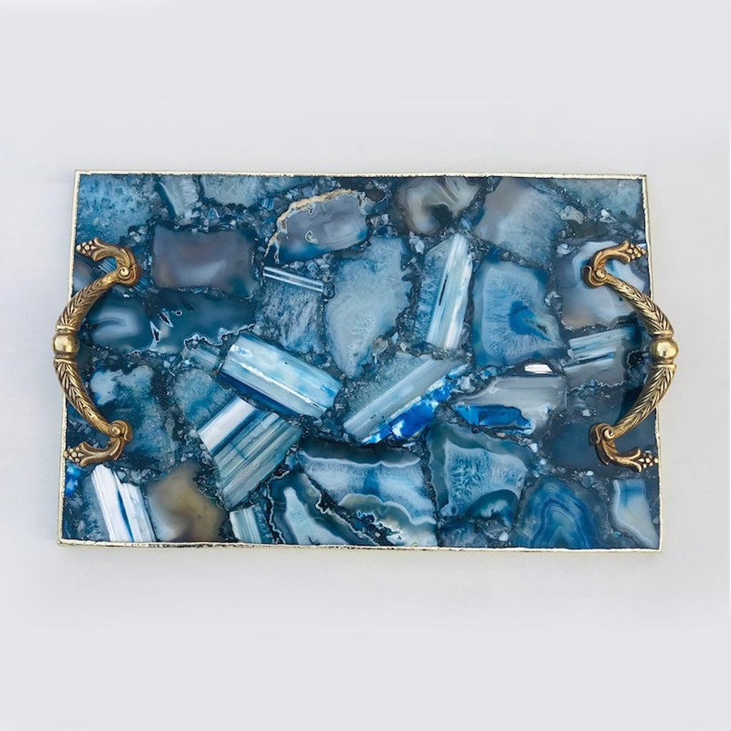 Blue Agate Serving Tray With Brass Handles