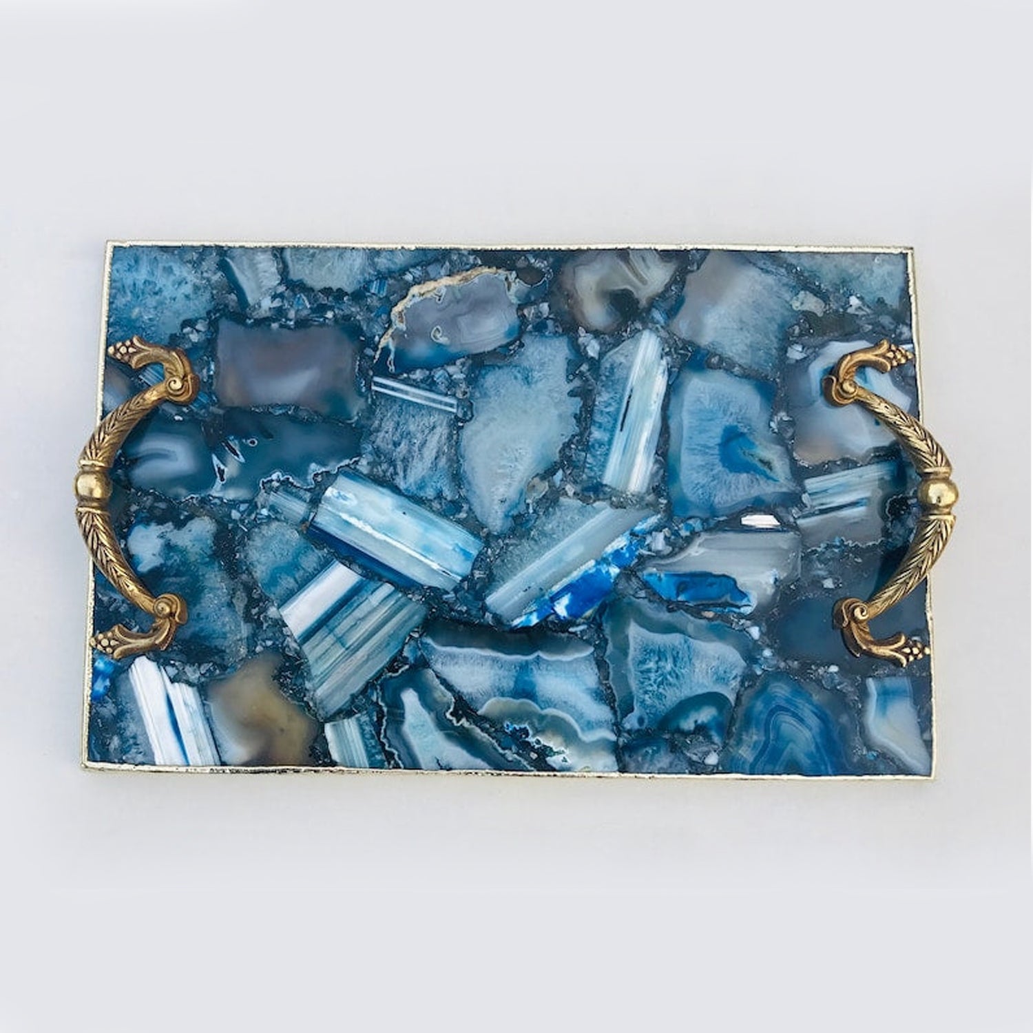 Blue Agate Serving Tray With Brass Handles