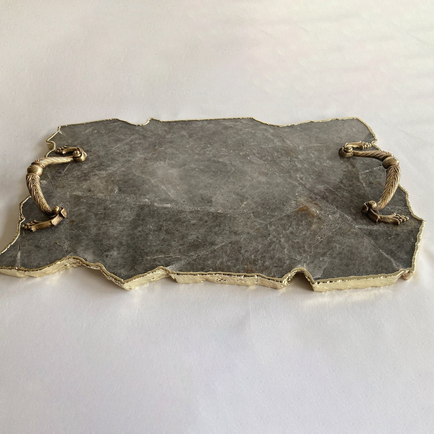 Large Smoky Grey Agate Serving Tray With Brass Handles/Personalised Momentos/Sign Boards 10"x15"