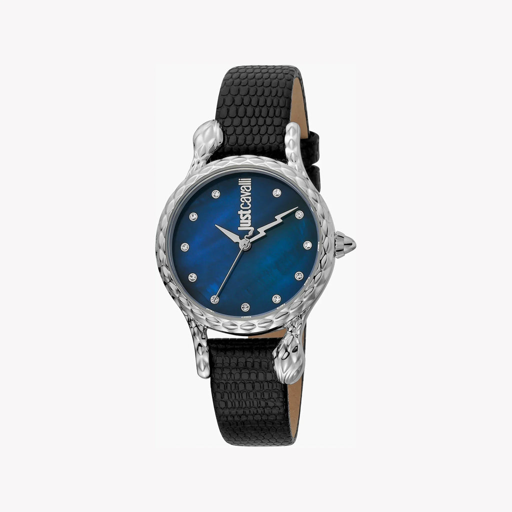 Just Cavalli Women's Black Leather Watch, Blue Dial | Jc1l125l0015