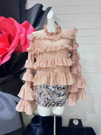 European and American fashion stand up collar lotus leaf sleeve long sleeved top