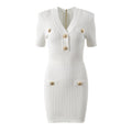 French style small fragrance metal buckle light luxury socialite temperament fashionable V-neck short sleeved slim fit knit dress