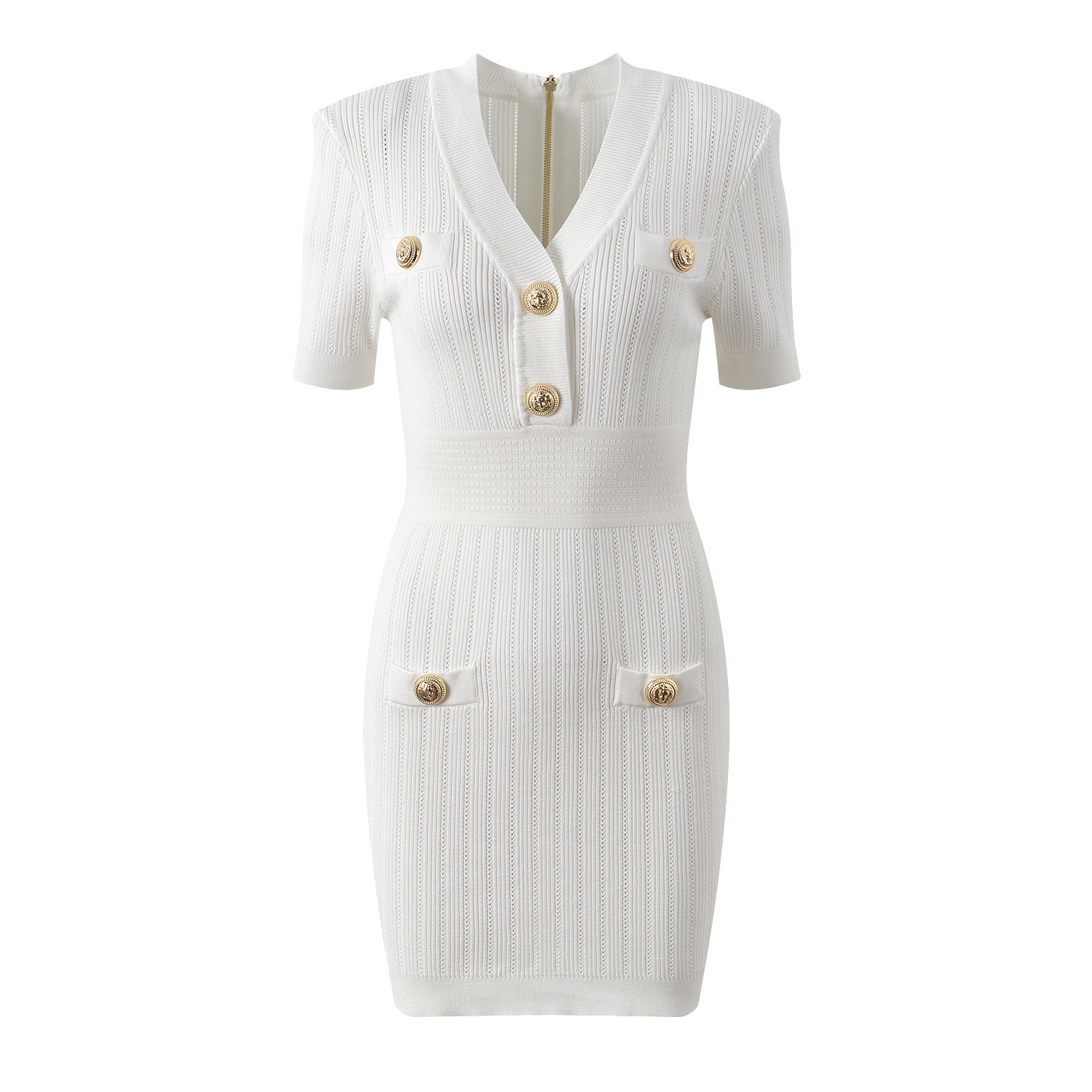 French style small fragrance metal buckle light luxury socialite temperament fashionable V-neck short sleeved slim fit knit dress