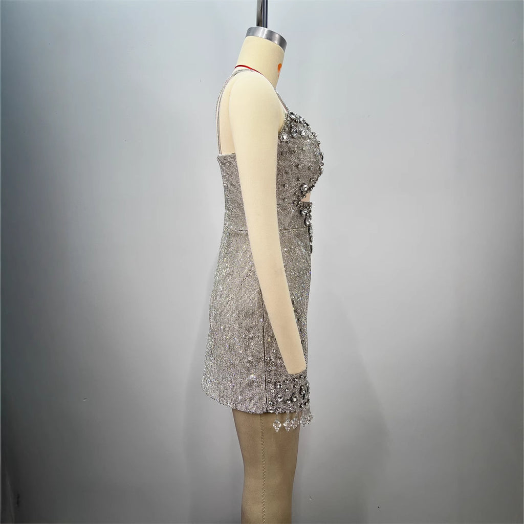 Fashionable Backless Strapless Fitted Mesh Beaded Casual Mini Bodycon Dress for Women