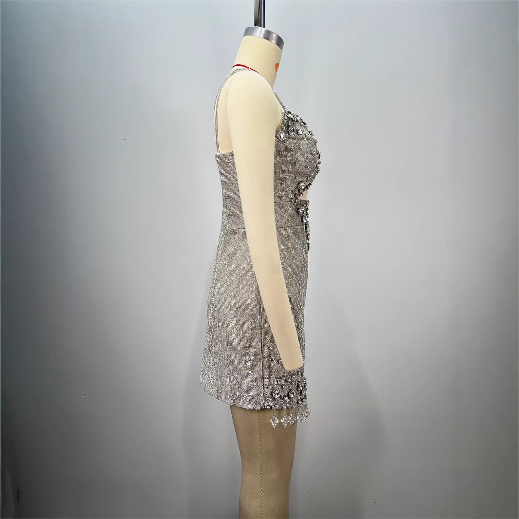 Fashionable Backless Strapless Fitted Mesh Beaded Casual Mini Bodycon Dress for Women
