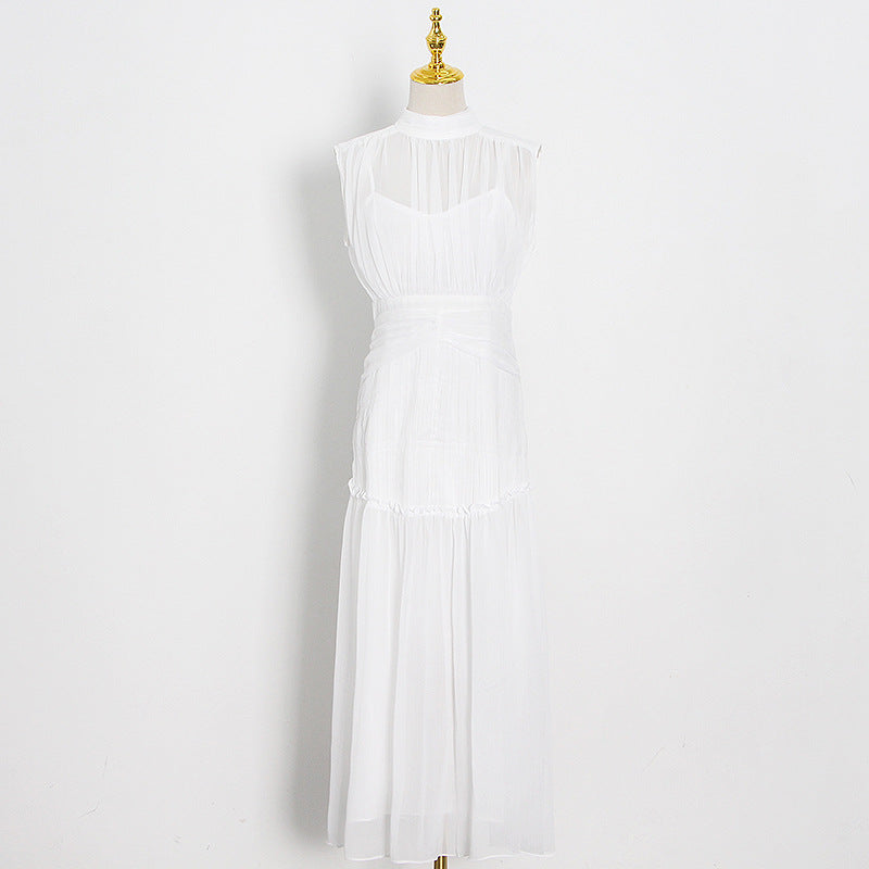 New Chiffon Small Stand Collar Solid Color Stitching Slim Long Swing Dress