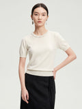 Fashion Embellished Beaded Round Neck Solid Color Knit Short Sleeve T-Shirt for Women Summer Stylish Slim Fit Top