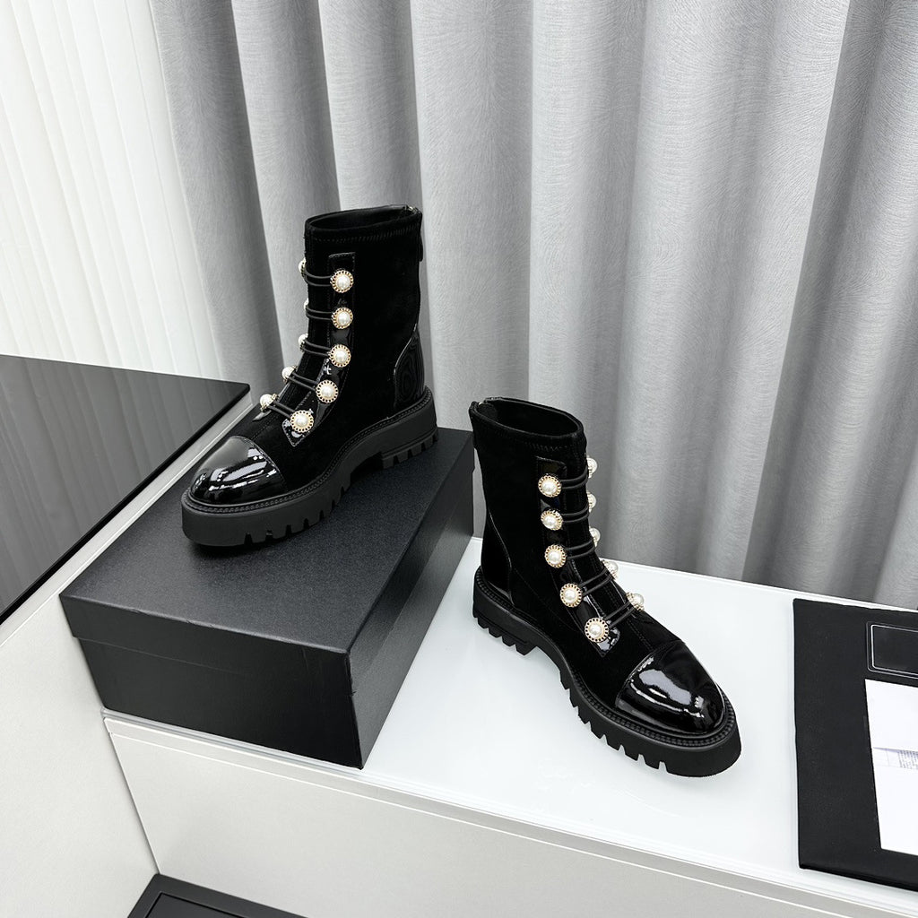 Winter Brand New Women's Short Boots Pearl Decor Black Ankle Boots Luxury Shoes Botas Mujer Platform Motorcycle Boots