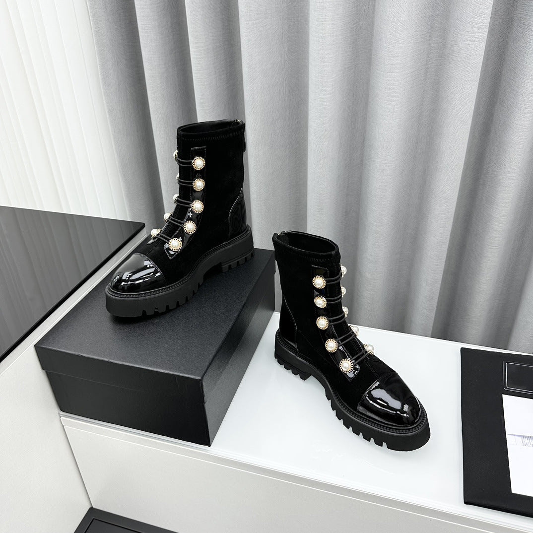 Winter Brand New Women's Short Boots Pearl Decor Black Ankle Boots Luxury Shoes Botas Mujer Platform Motorcycle Boots