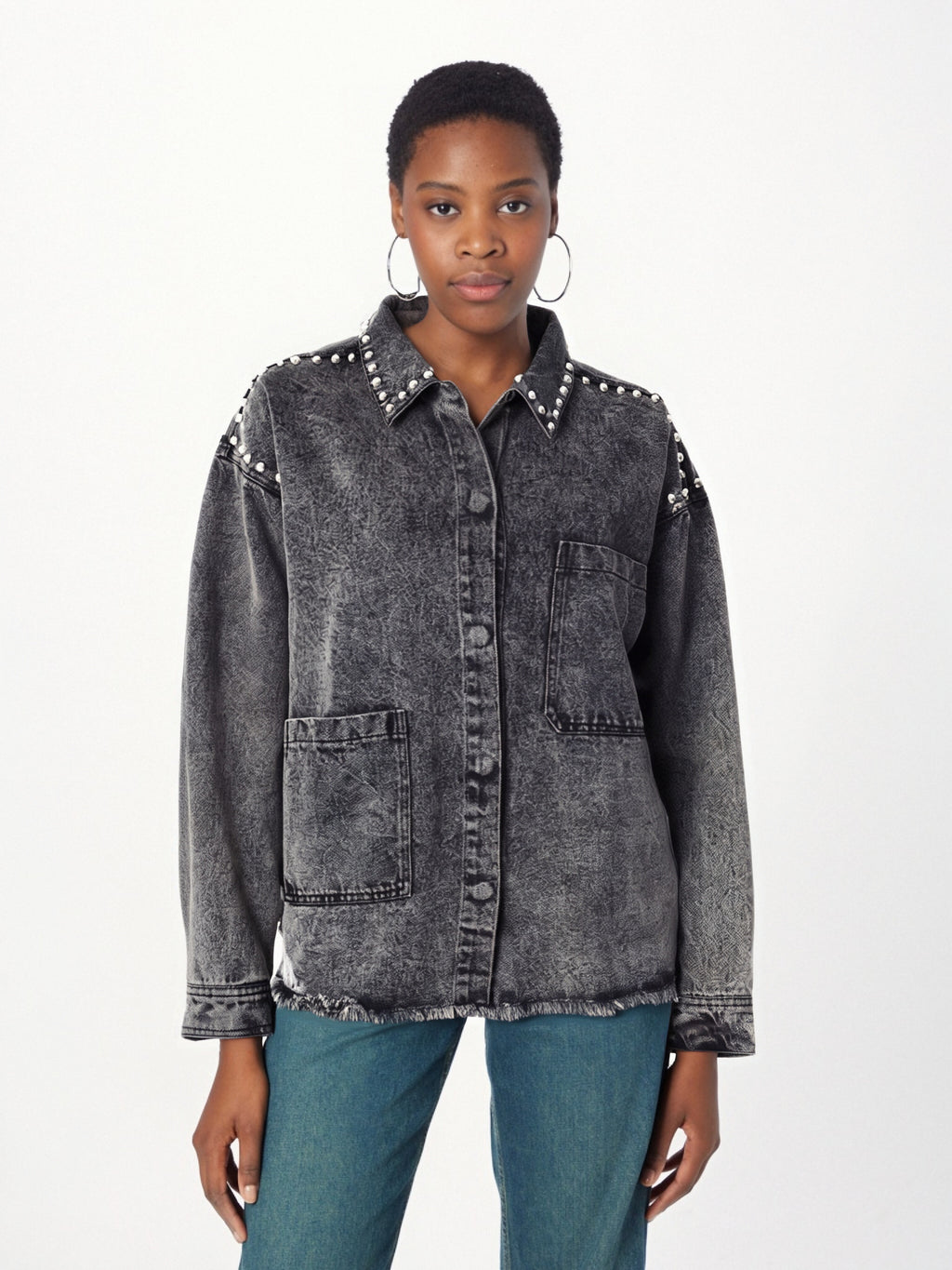 Women's Black Gray Denim Shirt Lapel Loose Grinding The Hem Rivet Long Sleeves Blouse