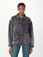 Women's Black Gray Denim Shirt Lapel Loose Grinding The Hem Rivet Long Sleeves Blouse