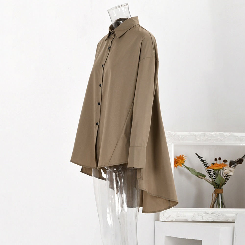 Simple silhouette temperament irregular long-sleeved shirt women's spring new casual single-breasted lapel shirt