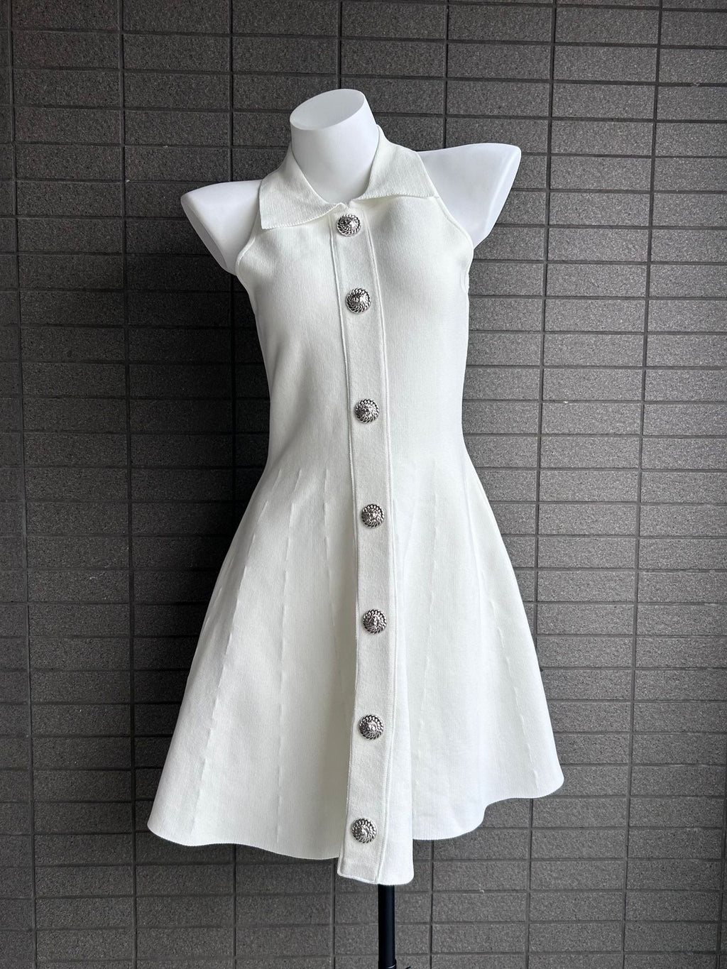 Elegant Sleeveless A-Line Dress with Notched Collar and Fitted Waist, Chic Petite Design