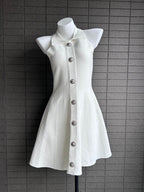 Elegant Sleeveless A-Line Dress with Notched Collar and Fitted Waist, Chic Petite Design