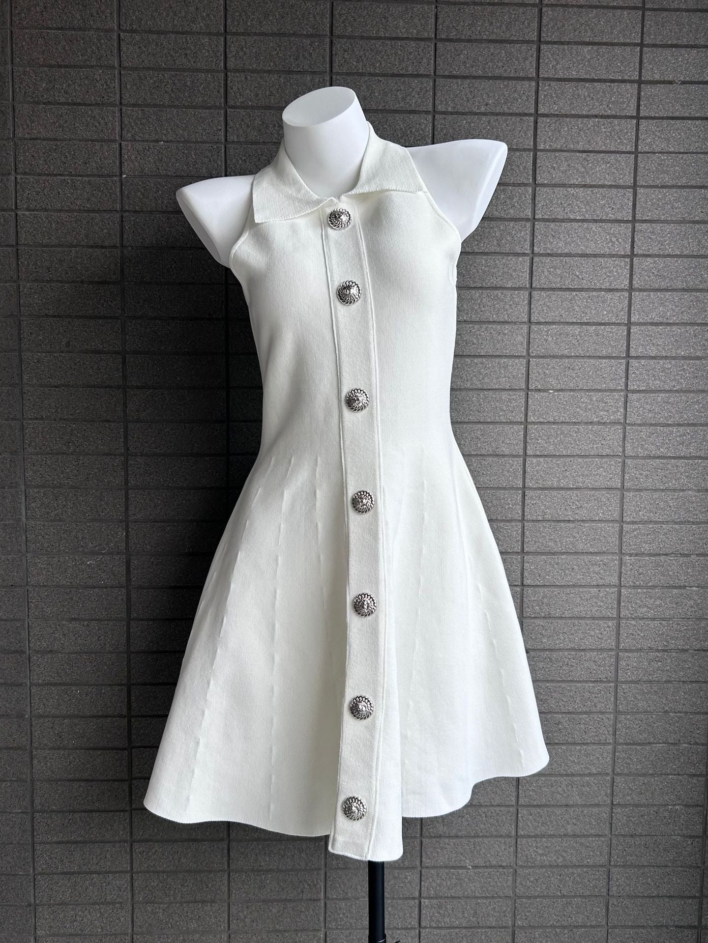 Elegant Sleeveless A-Line Dress with Notched Collar and Fitted Waist, Chic Petite Design