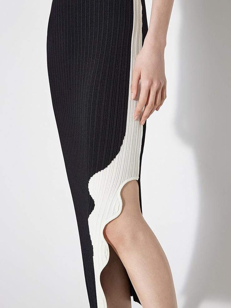 Small Niche Design, Light Luxury, Slim Fit, Pit Stripe Knit Dress, Medium Color Lace Design, Feeling Over Knee Dress