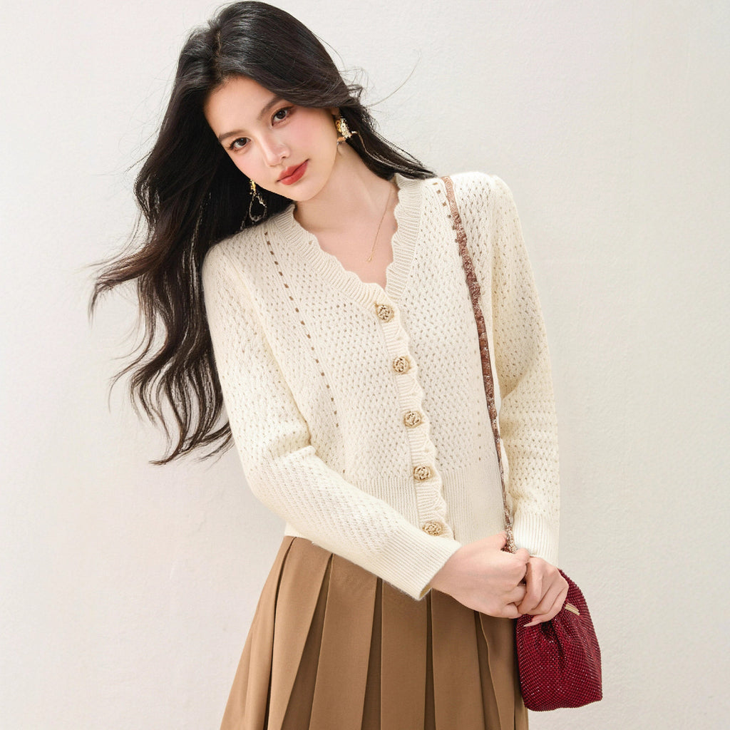 Creamy Apricot Wavy Edge V-Neck Knit Sweater Women's Short Open Cardigan Hollow Loose Top