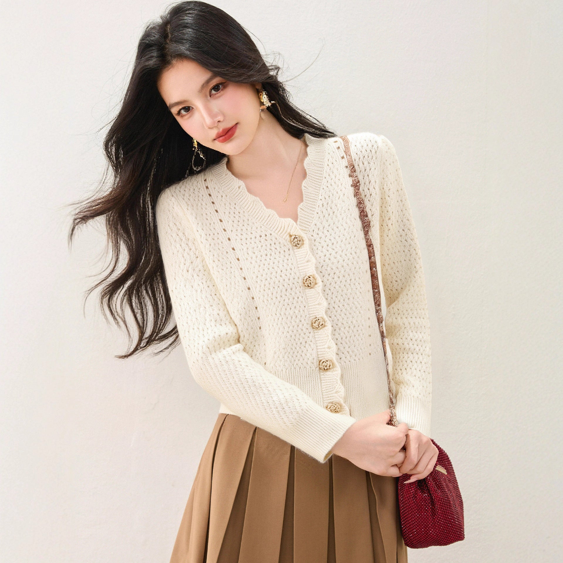 Creamy Apricot Wavy Edge V-Neck Knit Sweater Women's Short Open Cardigan Hollow Loose Top