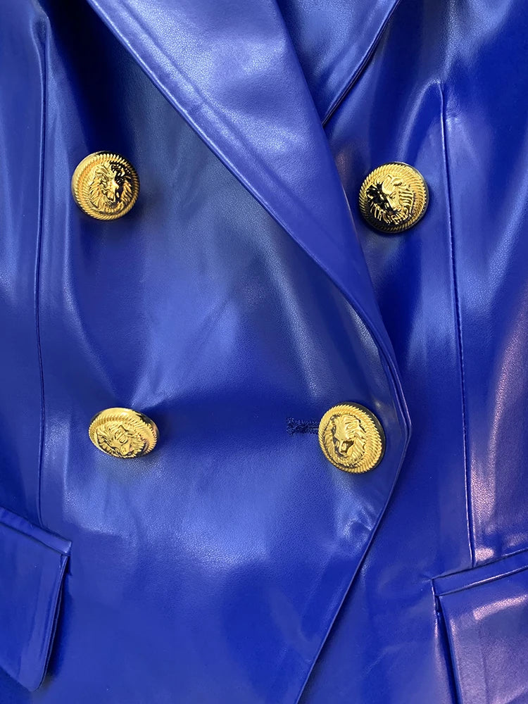 TOP QUALITY Newest Fashion 2023 Designer Jacket Women's Double Breasted Lion Buttons Slim Fitting Faux Leather Blazer