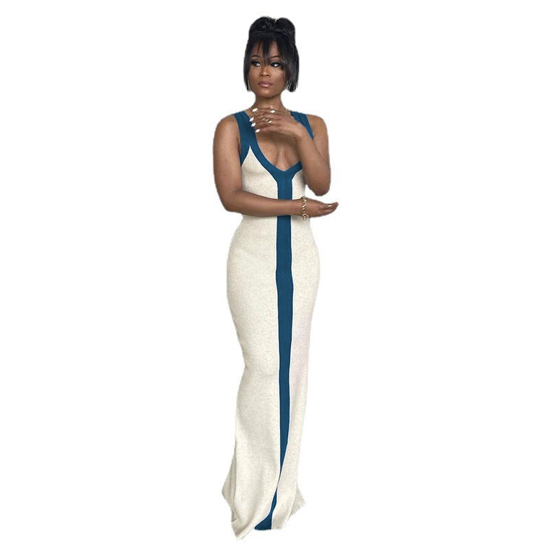 Sexy Color Blocking Maxi Dresses Women Hipster V-neck Sleeveless Split Bodycon Dress Summer Beach Vacation Clothing