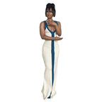 Sexy Color Blocking Maxi Dresses Women Hipster V-neck Sleeveless Split Bodycon Dress Summer Beach Vacation Clothing