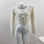 Charming Ivory White Rhinestone-Embellished Short Knit Cardigan with Round Neck Long Sleeve Sweater Top