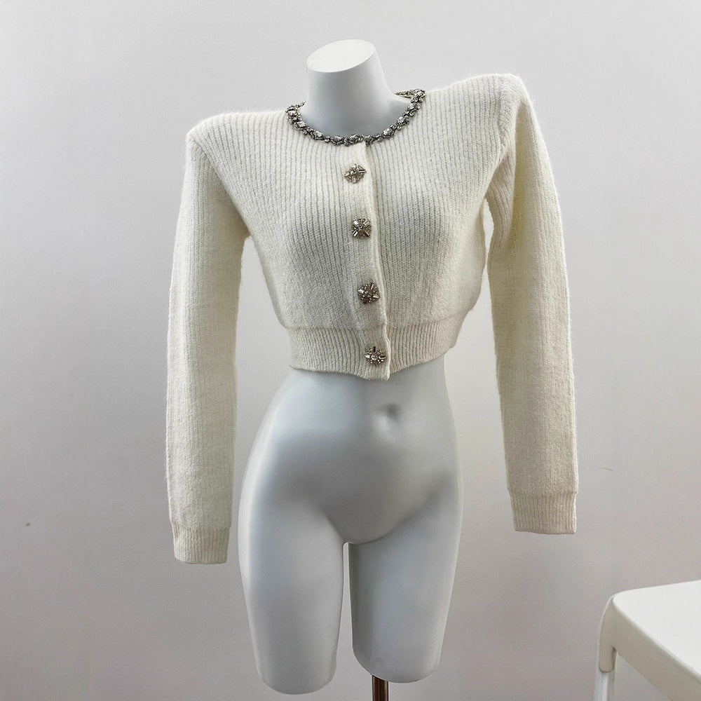 Charming Ivory White Rhinestone-Embellished Short Knit Cardigan with Round Neck Long Sleeve Sweater Top