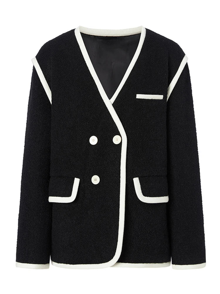 Vintage Coats For Women V Neck Long Sleeve Patchwork Single Breasted Casual Coat Female Fashion Clothing