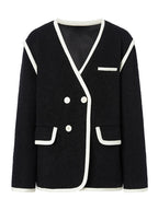 Vintage Coats For Women V Neck Long Sleeve Patchwork Single Breasted Casual Coat Female Fashion Clothing