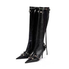Women's Sexy High Heels Metal Buckle Luxury Shoes Fashion Pointed Toe Ankle Boots Black Stiletto Dress Party Short Boots