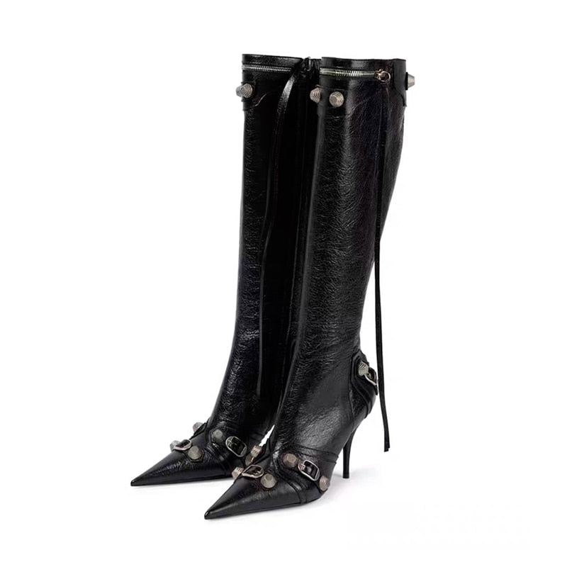 Women's Sexy High Heels Metal Buckle Luxury Shoes Fashion Pointed Toe Ankle Boots Black Stiletto Dress Party Short Boots