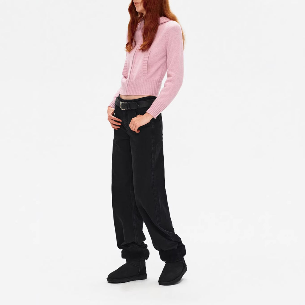 Ribbed Panel Front Pocket Zipper Hooded Short Knit Sweater