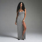 Women's Autumn and Winter Sexy Strapless Solid Color Backless Waist-cinching Slit Fitted Dress