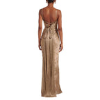 Pleated Gold Foil Tie-up A-line Dress for Casual Party with Slit Design