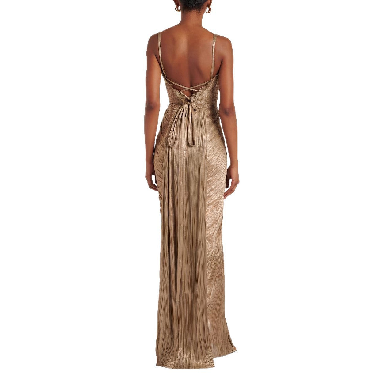 Pleated Gold Foil Tie-up A-line Dress for Casual Party with Slit Design