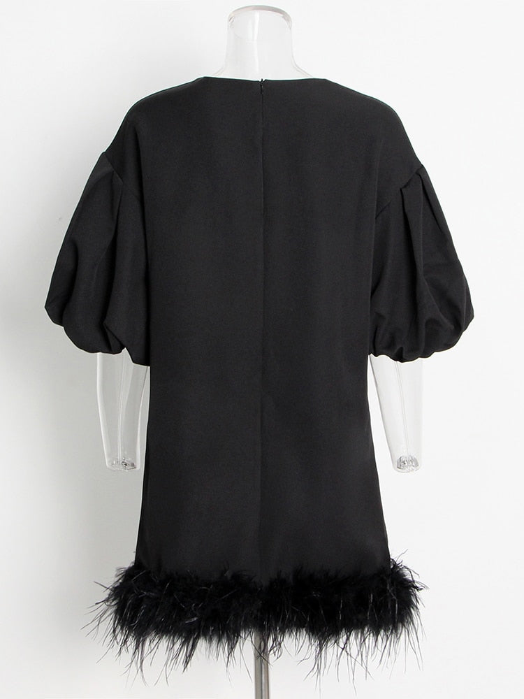 Casual Dresses For Women O Neck Lantern Sleeve High Waist Feathers Pullover Chic Style Dress Female New Summer