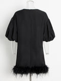 Casual Dresses For Women O Neck Lantern Sleeve High Waist Feathers Pullover Chic Style Dress Female New Summer