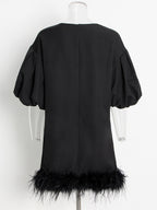 Casual Dresses For Women O Neck Lantern Sleeve High Waist Feathers Pullover Chic Style Dress Female New Summer