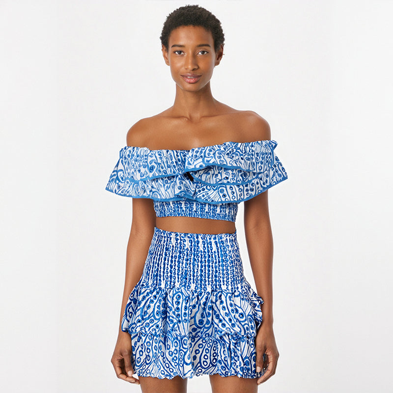 Embroidery Patchwork Two-piece Sets Summer New Square Collar Short Sleeve Ruffles T-shirt + Mini Skirts Elegant