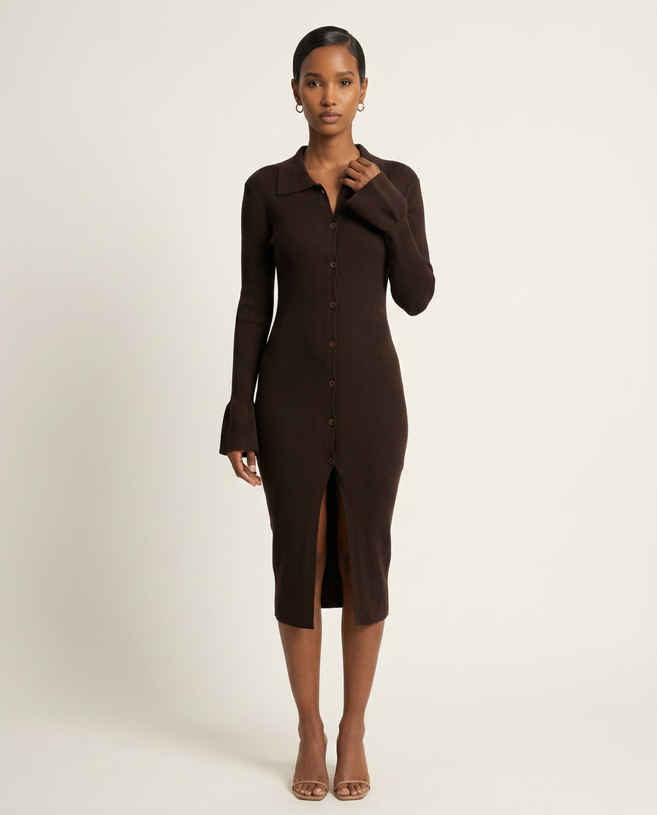 Espresso Rib-Knit Button-Front Dress-0