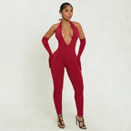 Sexy Solid Color Elegant Halter Neck Fitted Deep V-Neck Backless Jumpsuit for Women