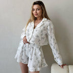 Casual Loose Printed Minimalist Luxury Sleepwear Long Sleeve Short Pants Set Women's Home Wear