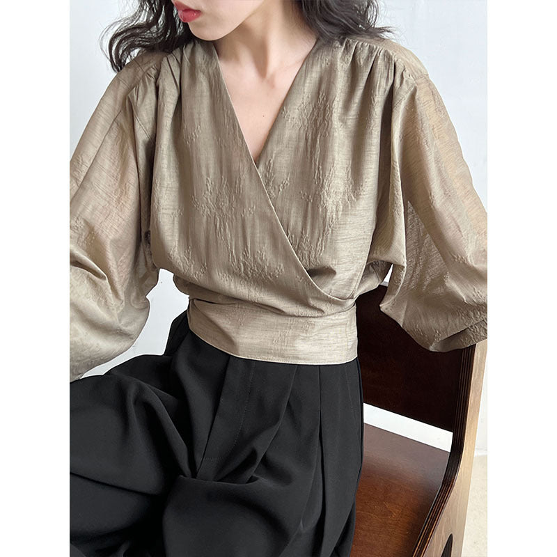 Retro cross V-neck tied shirt for women