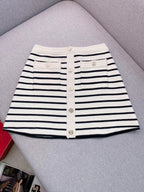 Striped knit vest+A-line skirt V-neck patchwork short top
