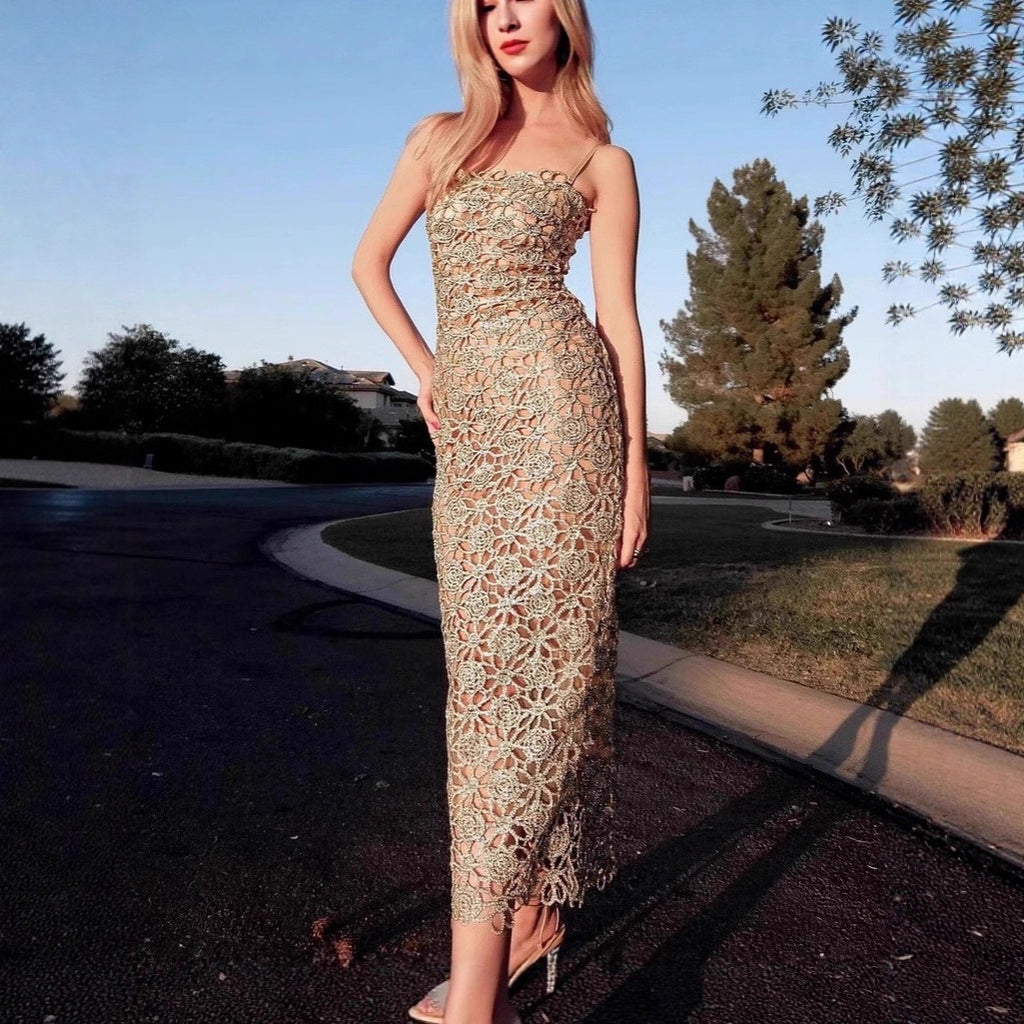 Champagne Gold Lace Cut-Out French Style Elegant Strap Dress for Women Unique Side-Slit Evening Gown, Mid-Length Dress