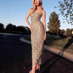 Champagne Gold Lace Cut-Out French Style Elegant Strap Dress for Women Unique Side-Slit Evening Gown, Mid-Length Dress