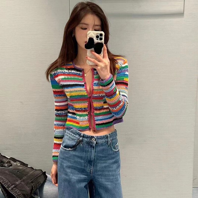 Sequined Striped Sweater Cardigans Women Luxury High Street Single Breasted Long Sleeve Designer  Vintage Elegant Traf Tops Pull