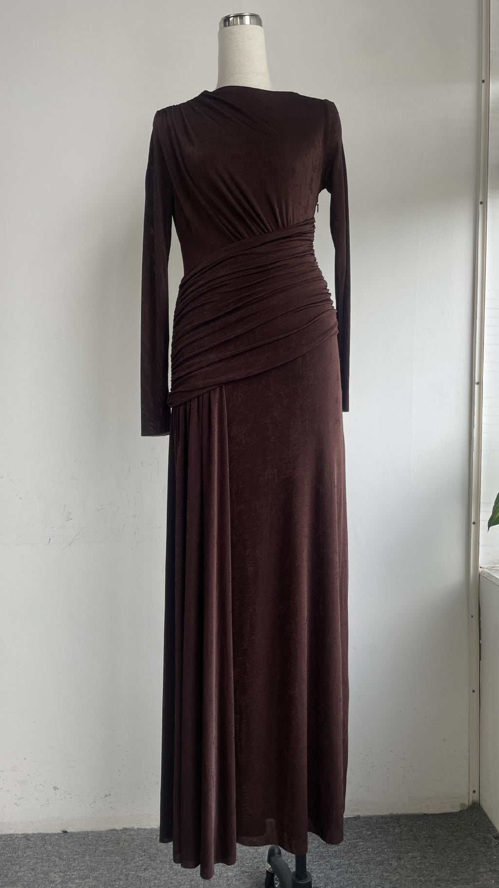Elegant Knit Long Sleeve Ribbon Dress with Asymmetrical Neckline, Elastic Pleated Floor-Length Skirt